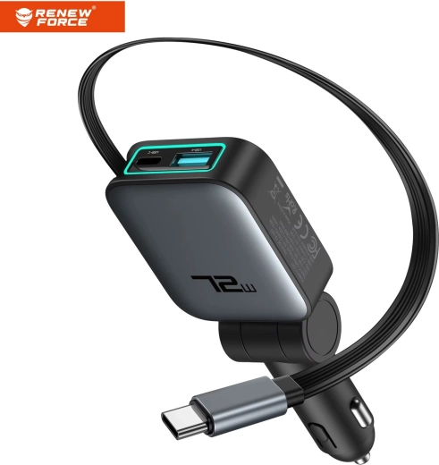 Chargeur voiture Renew Force 3en1 72 W avec câble USB-C rétractable (75 cm) - 1 pièce