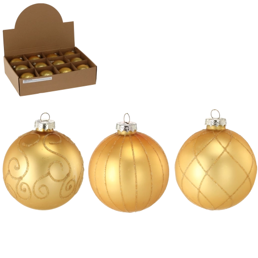 Boules de Noël en verre 8 cm or mat, motifs assortis (12 pcs)