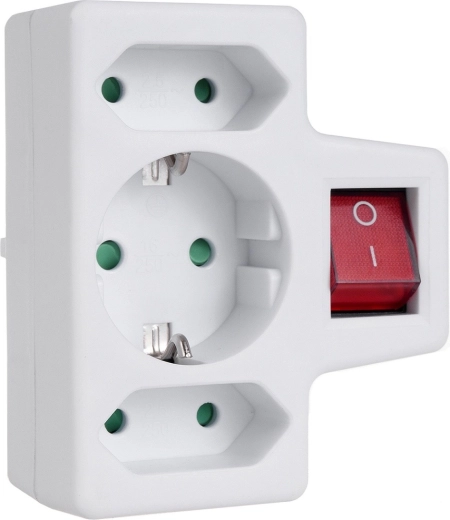 Adaptateur de prise 1× Schuko et 2× Euro avec interrupteur, 3680 W