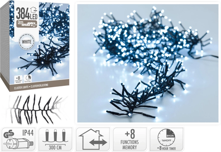 Guirlande LED de Noël 3 m, blanc froid, 384 LED, 8 modes avec minuterie