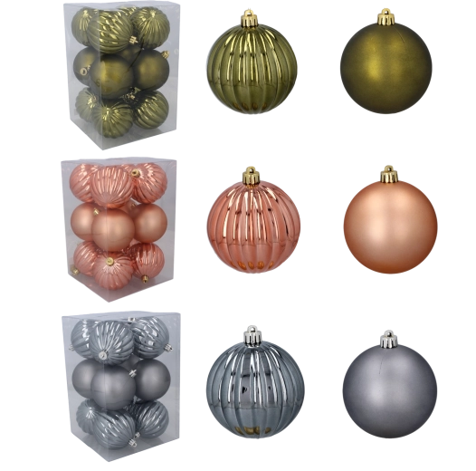 Set de boules de Noël 8 cm – olive, cuivré et graphite (12 pcs)