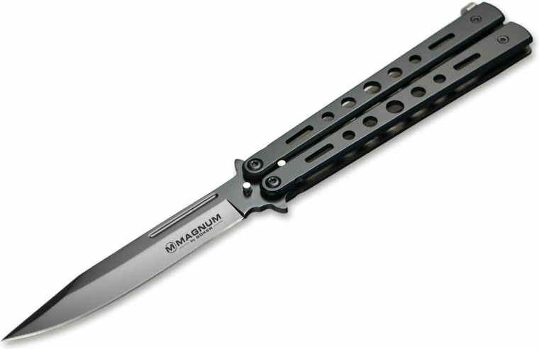 Böker Magnum Balisong All Black couteau de poche 10,5 cm, gris, tout acier