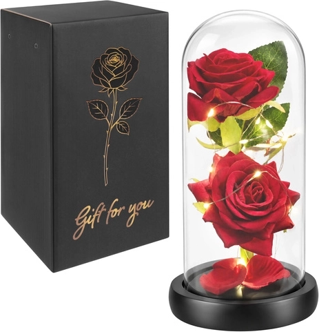 Rose éternelle lumineuse Glimz sous cloche en verre 22 cm