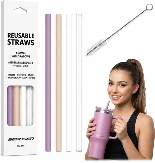 Berdsen pailles en plastique réutilisables pour mug – lot de 4 pièces + goupillon de nettoyage