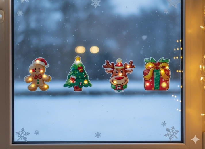 Autocollant gel LED de Noël – blanc chaud, motifs assortis