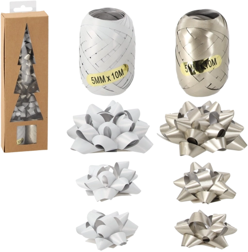 Coffret de Noël pour emballage cadeaux – argent/blanc (2 rubans + 7 nœuds)