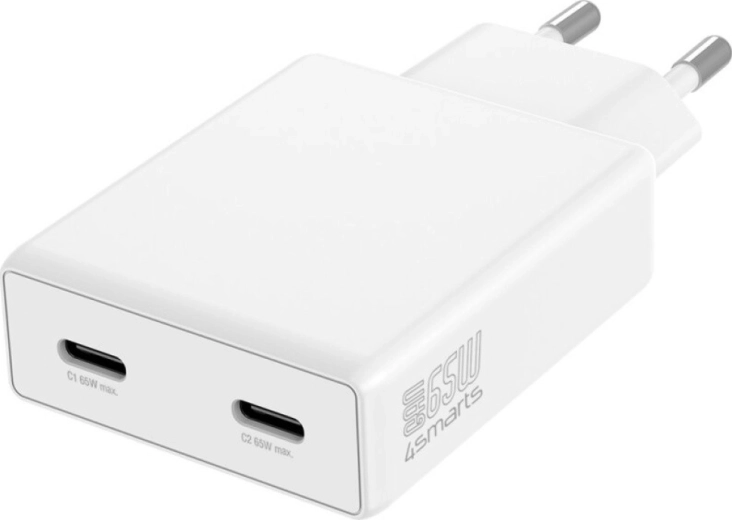 Chargeur secteur PDPlug 65W GaN avec deux ports USB‑C, blanc