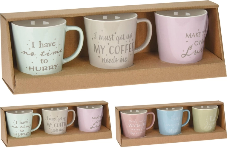 Mug en céramique COFFEE 330 ml – assortiment de couleurs pastel, lot de 3 pièces
