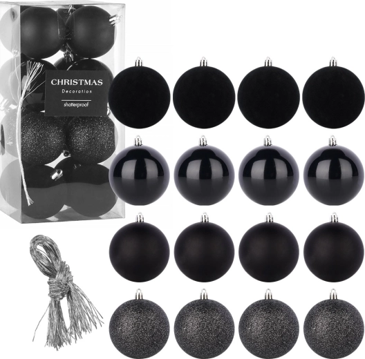 Boules de Noël noires incassables 6 cm, set de 16