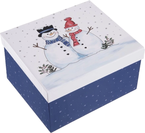 Boîte cadeau en papier avec bonshommes de neige bleue 21 × 18,5 × 11,5 cm