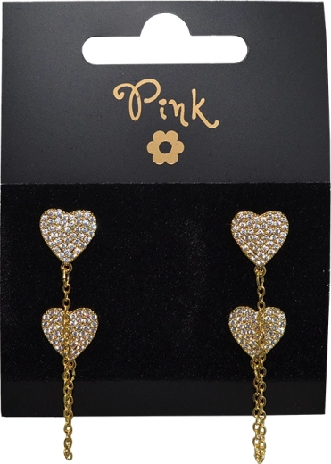 Boucles d’oreilles pendantes dorées à double cœur avec zircones