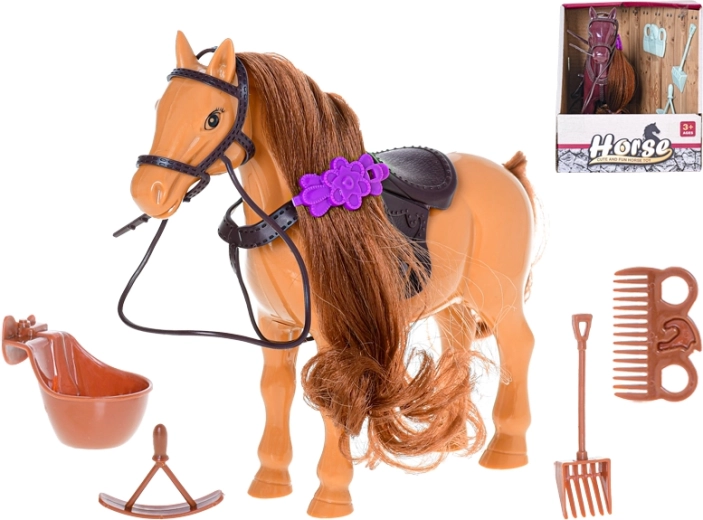 Cheval en plastique 17 cm avec accessoires pour les soins et l’équitation