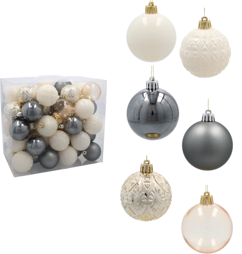 Set de boules de Noël 6 cm – champagne, gris et blanc (66 pcs)