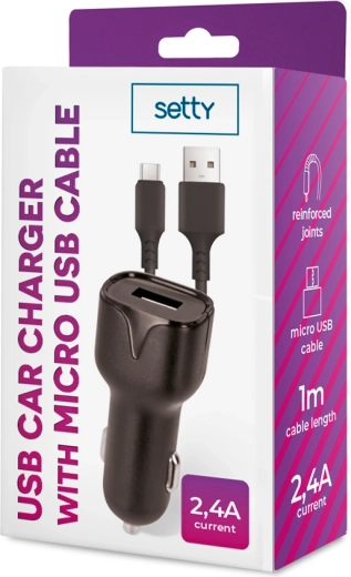 Setty chargeur voiture 2,4 A avec câble microUSB 1 m, noir