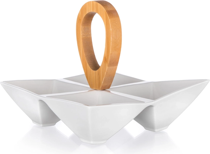 Bol de service compartimenté en porcelaine avec poignée en bambou BRILLANTE 21 × 21 × 17,5 cm
