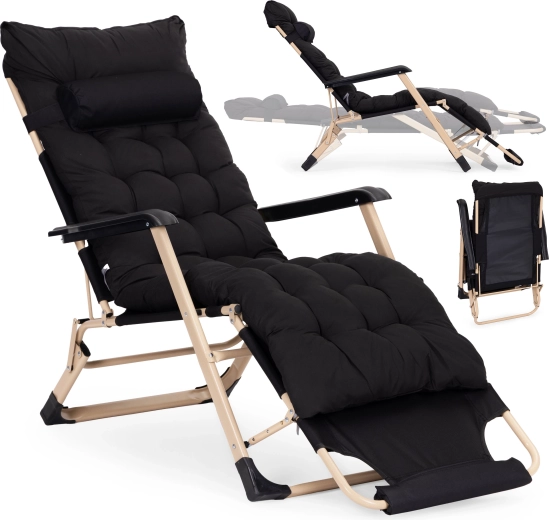 Chaise longue de jardin plage avec rembourrage, appui-tête et repose-jambes réglable, noire – MultiGarden