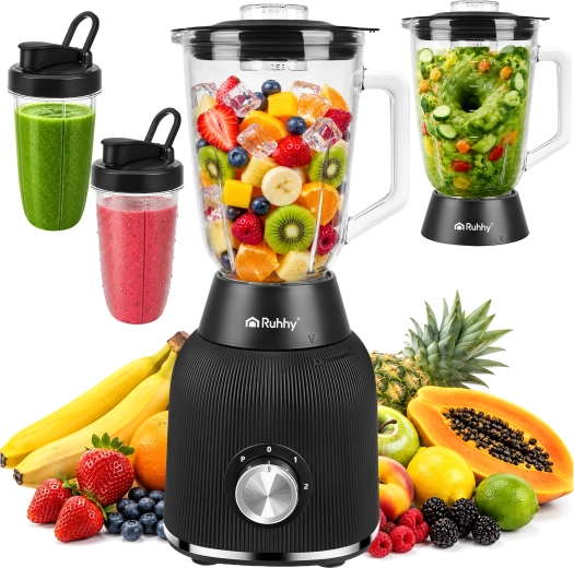 Mixeur en verre de table Ruhhy 1200 W avec fonction glace pilée et 2 bouteilles nomades