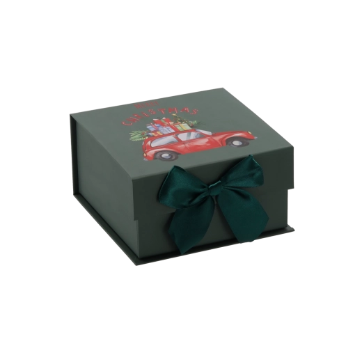Boîte cadeau de Noël avec petite voiture et nœud vert - 1 pièce