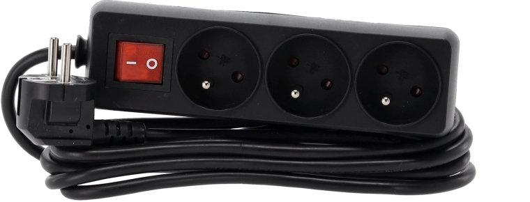 Multiprise parafoudre avec interrupteur, 3 prises, 3 m, noir
