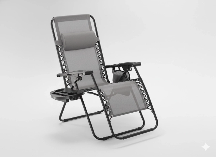 Chaise longue de jardin pliante avec tablette, poche et coussin – gris