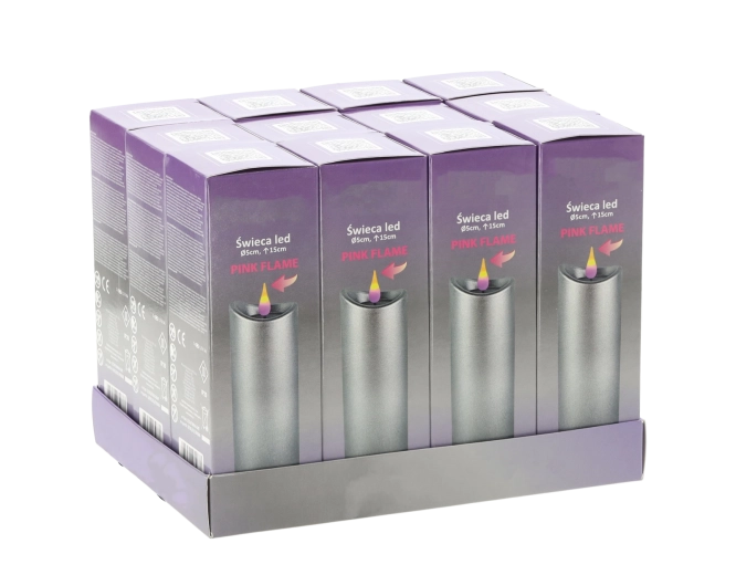 Bougie LED 5 × 15 cm avec surface argentée et flamme rose