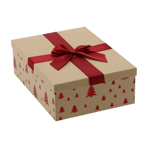 Boîte cadeau festive marron avec nœud bordeaux 30,5 × 22 × 10 cm - 1 pièce