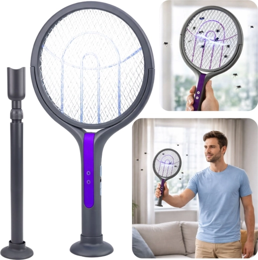 tapette électrique télescopique 2‑en‑1 avec lampe anti‑moustiques