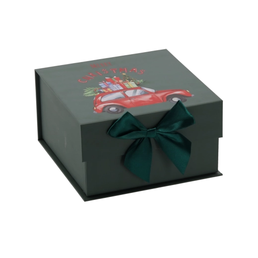 Boîte cadeau de Noël avec motif de voiture et nœud vert 20 × 20 × 11 cm - 1 pièce