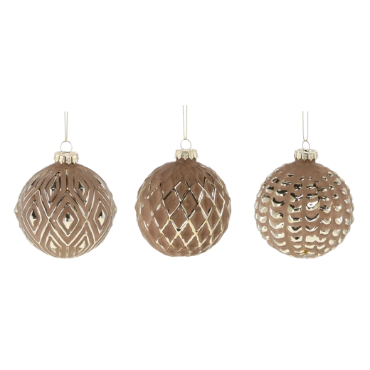 Boules de Noël en verre 8 cm marron avec ornements dorés, lot de 12 pièces
