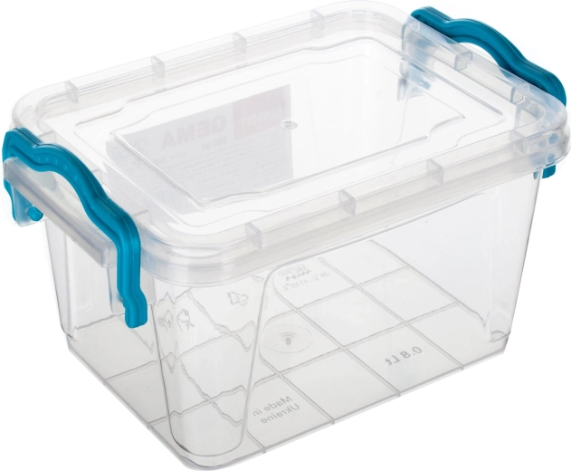 Boîte de rangement Gema 0,8 l avec couvercle et clips, transparente/turquoise