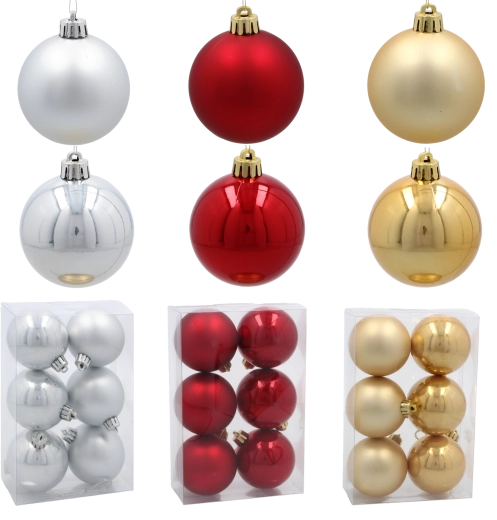 Set de boules de Noël 6 cm – rouges, dorées et argentées (6 pcs) incassables