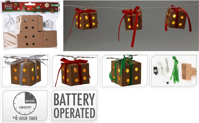 Guirlande lumineuse LED de Noël boîtes cadeau 1,2 m avec minuterie, blanc chaud