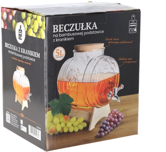 Beczułka distributeur de boissons en verre Winogrono 5 l avec support en bambou