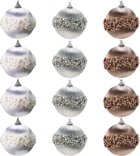 Set de boules de Noël incassables blanches, argentées et champagne 8 cm – 12 pcs