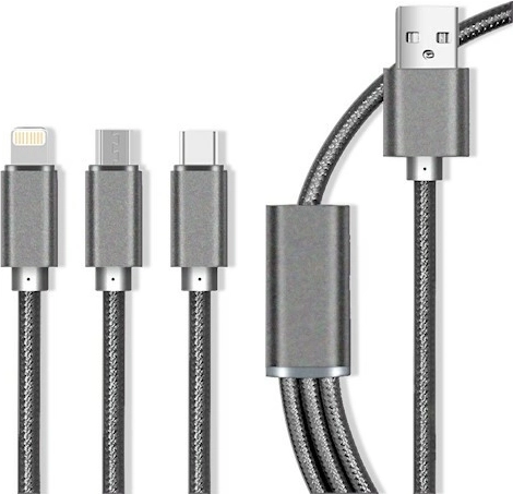 Câble Maxlife en nylon 3‑en‑1 avec charge rapide 2,1 A – Lightning/USB‑C/microUSB, gris