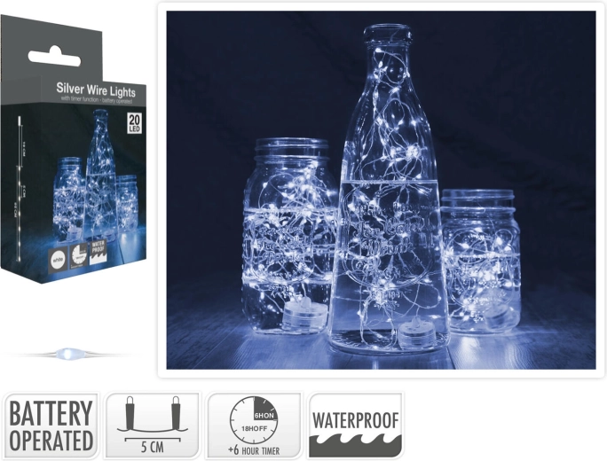 Guirlande lumineuse 1,3 m 20 LED blanc froid, étanche avec minuteur