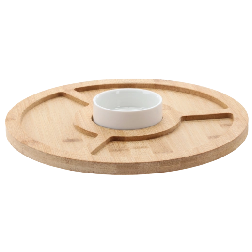 Plateau de service en bambou avec bol en porcelaine, 4 sections, 28 cm