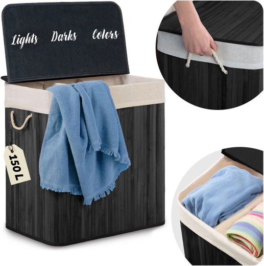 Panier à linge en bambou avec couvercle 150 L, 3 compartiments