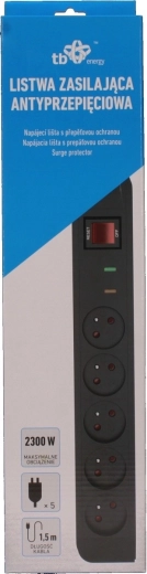 Bloc multiprise Energy avec protection contre les surtensions, 5 prises et câble de 1,5 m