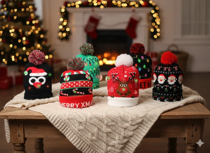 Bonnet d’hiver de Noël avec LED, motifs assortis (lot de 8)