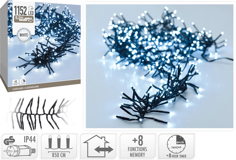 Guirlande LED de Noël 8,5 m, blanc froid, 1152 LED, 8 fonctions avec minuterie