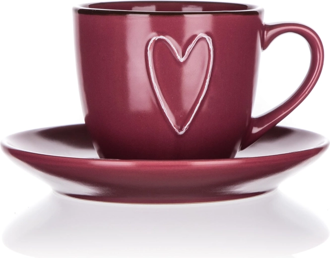 Tasse en céramique avec soucoupe 260 ml HEART, bordeaux