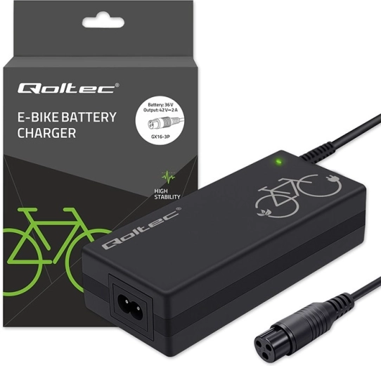 Chargeur pour vélo électrique 36 V (42 V, 2 A) avec connecteur 3P‑GX16 + câble d’alimentation
