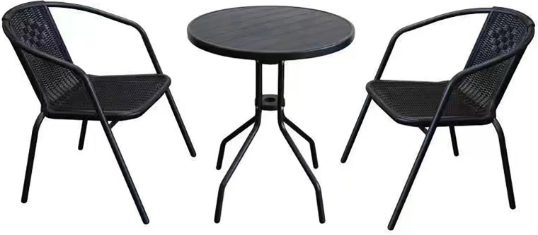 Ensemble bistro de jardin avec table en métal et 2 chaises aspect rotin, noir