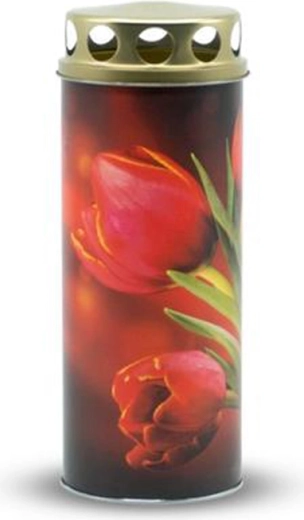Bougie de cimetière motif tulipes 195 g, couvercle doré