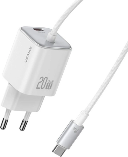 USAMS série JC chargeur mini GaN 20 W 2× USB‑C avec câble USB‑C intégré blanc