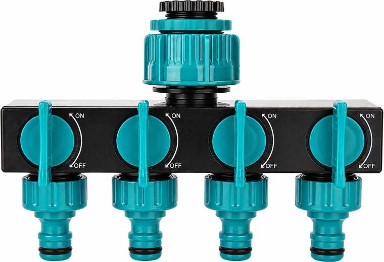 Répartiteur 4 voies pour robinet de jardin pour tuyau, avec vannes et réducteur 3/4"–1/2"