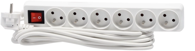 Multiprise parafoudre avec interrupteur, 6 prises, 5 m, blanc