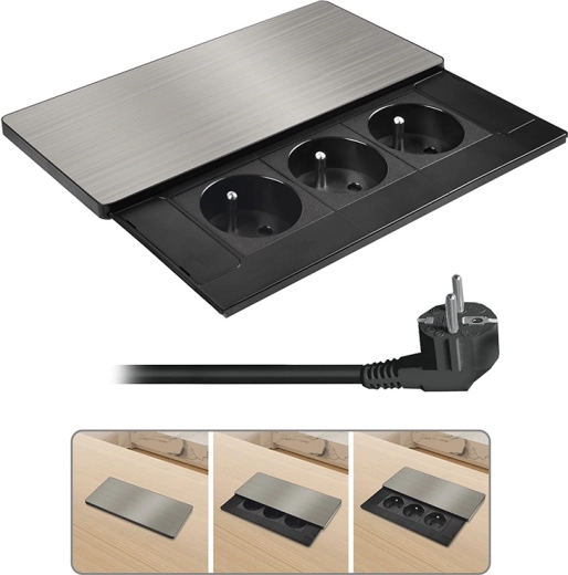 Solight bloc de prises encastrable avec couvercle coulissant, 3 prises, 2 m, argenté - 1 pièce