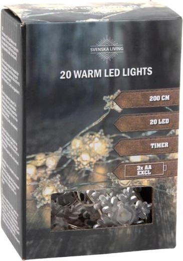 Guirlande lumineuse avec minuterie, 20 LED flocons, 200 cm